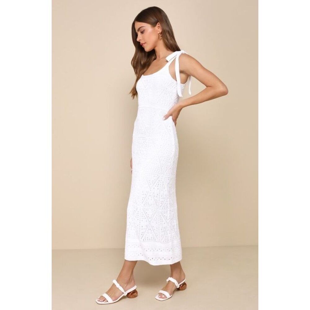 Lulus Adorable Darling White Crochet Tie-strap Midi Dress - Size S